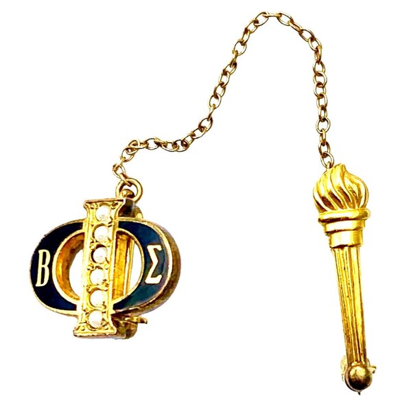 Vintage Beta Sigma Phi Fraternity Gold Tone Enamel Exemplar Torch Pin Pearls - Picture 1 of 7